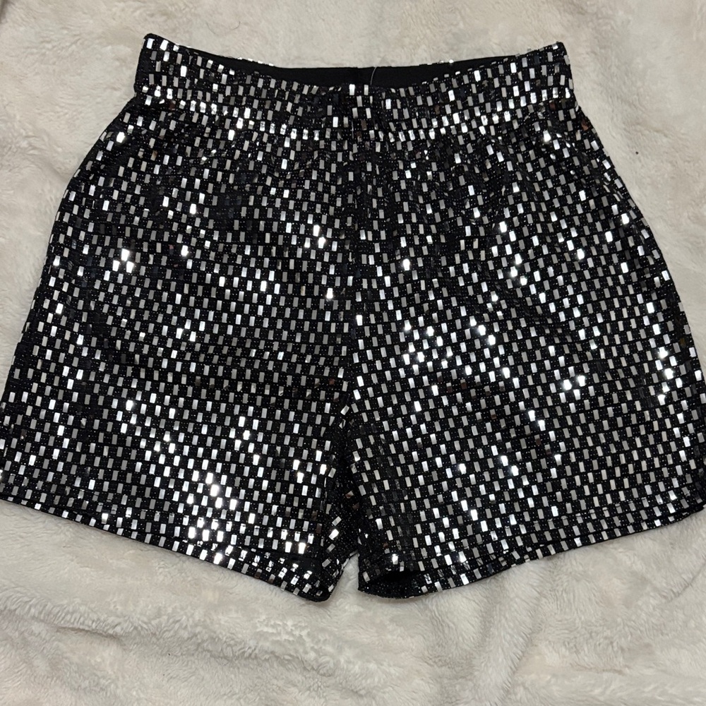 High-Waist Black Sequin Check Shorts